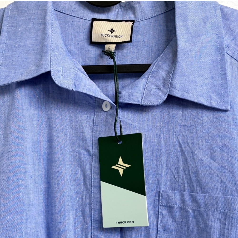 Tuckernuck Callahan Chambray Shirt Dress Blue Button Front Ruffle Hem Size L NWT - Picture 2 of 7